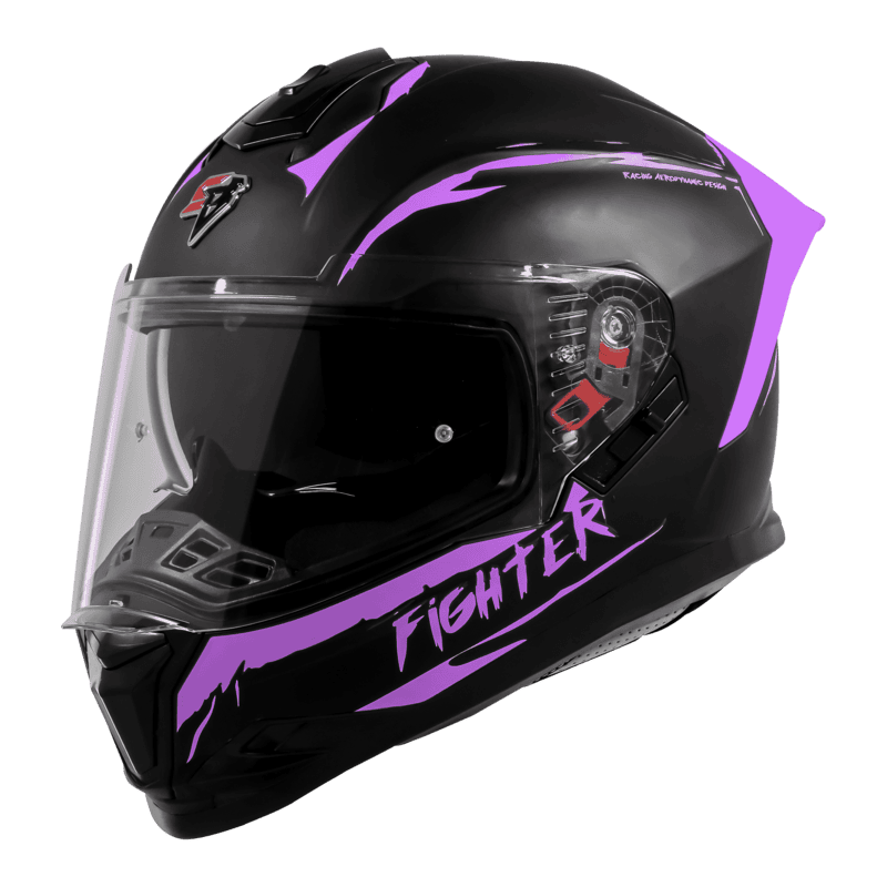 STEELBIRD SBH-57 ISS FIGHTER F2 GLOSSY BLACK/PURPLE C/V 620MM WITH EXTRA SMOKE VISOR+PURPLE SPOILER