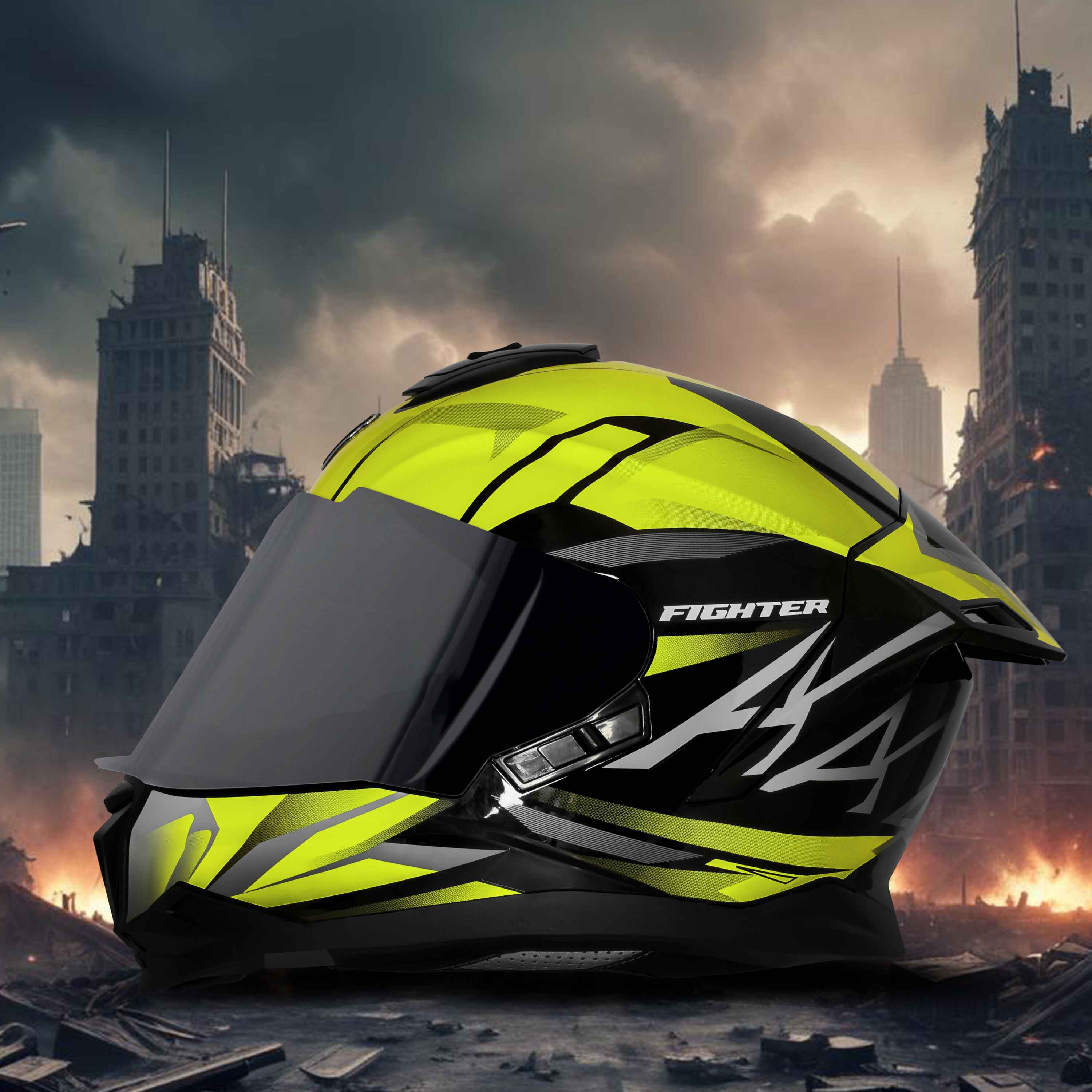 STEELBIRD SBH-57 ISS FIGHTER F4 GLOSSY BLACK/FL.YELLOW C/V 580MM WITH EXTRA SMOKE VISOR