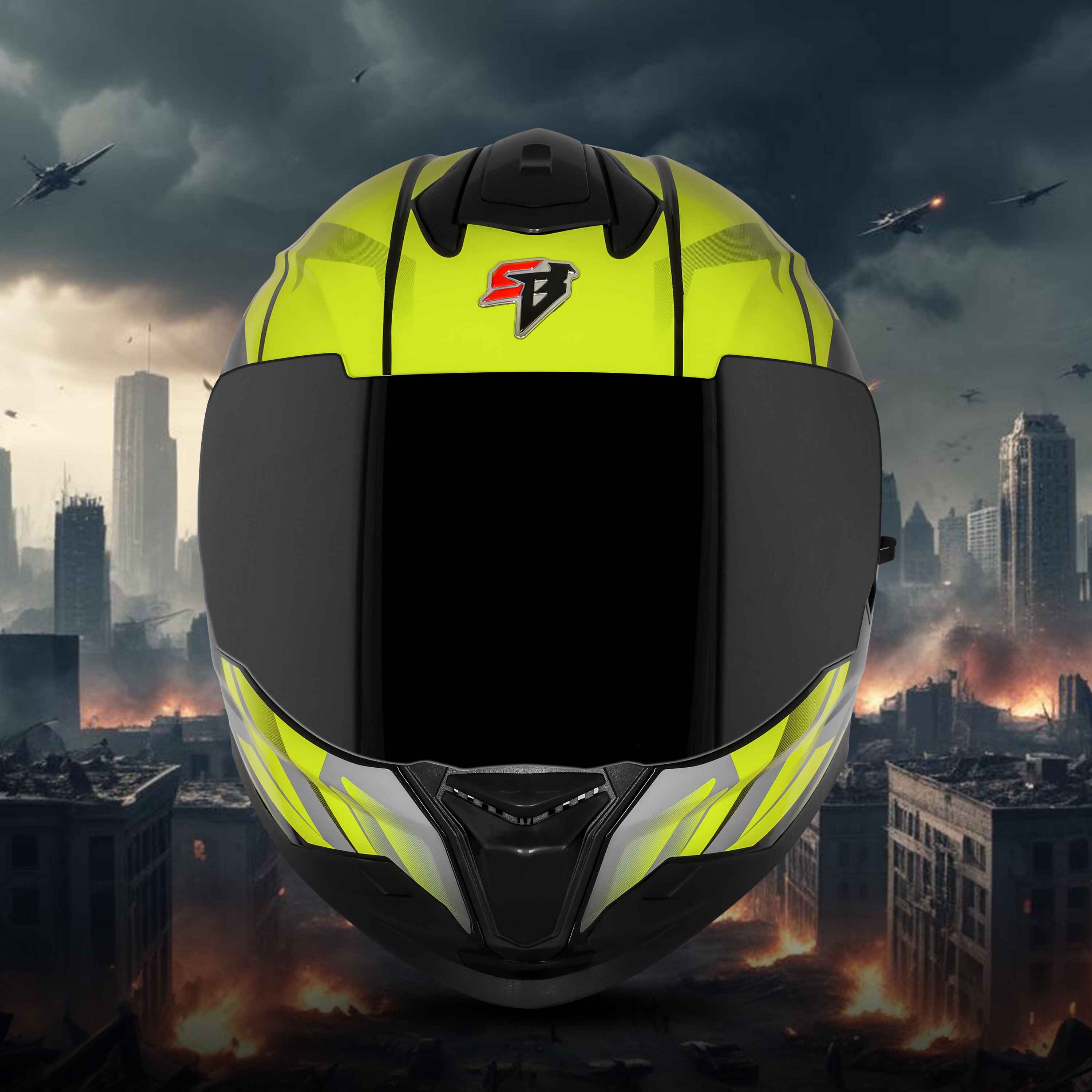 STEELBIRD SBH-57 ISS FIGHTER F4 GLOSSY BLACK/FL.YELLOW C/V 580MM WITH EXTRA SMOKE VISOR
