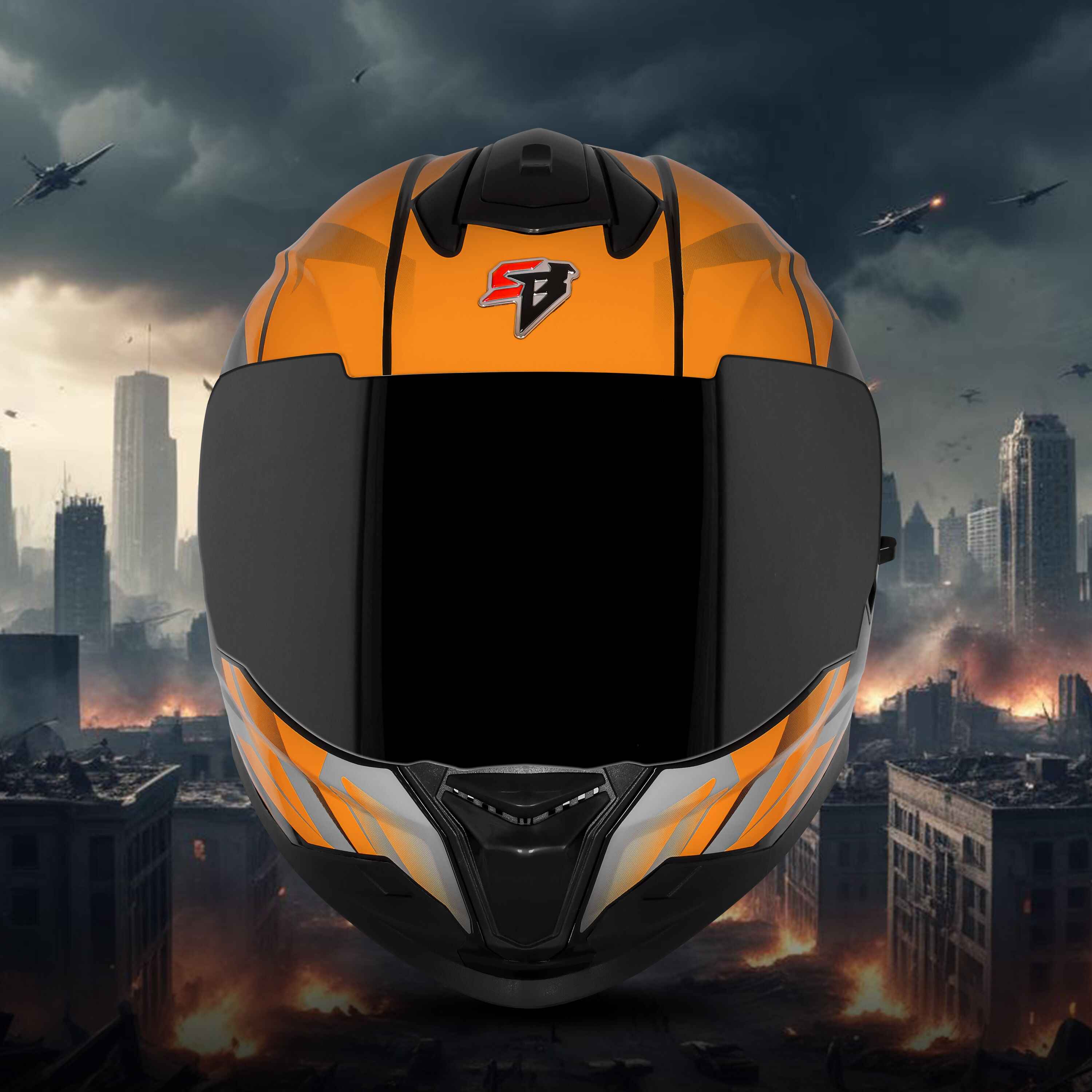 STEELBIRD SBH-57 ISS FIGHTER F4 GLOSSY BLACK/ORANGE C/V 580MM WITH EXTRA SMOKE VISOR