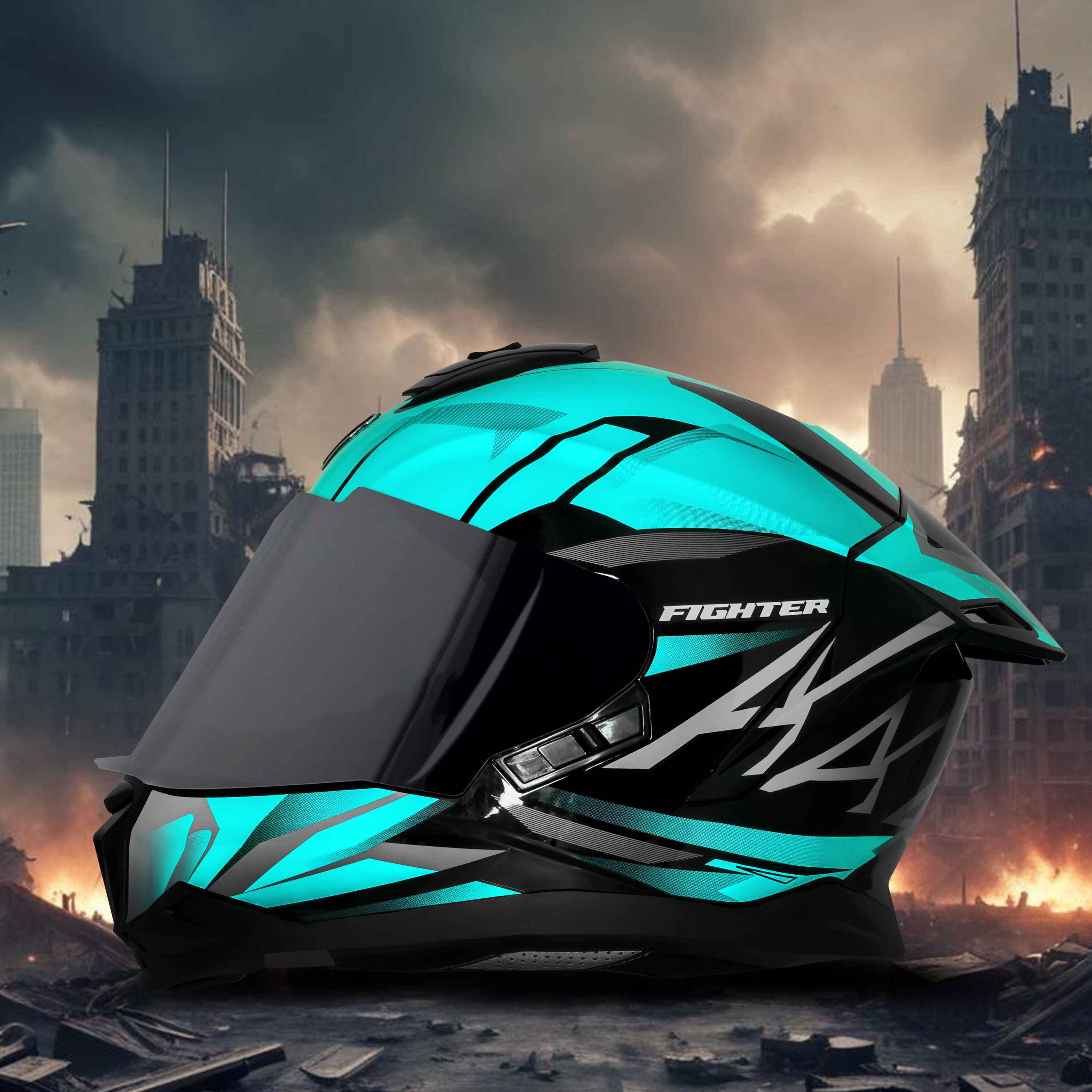 STEELBIRD SBH-57 ISS FIGHTER F4 GLOSSY BLACK/SEA GREEN C/V 600MM WITH EXTRA SMOKE VISOR