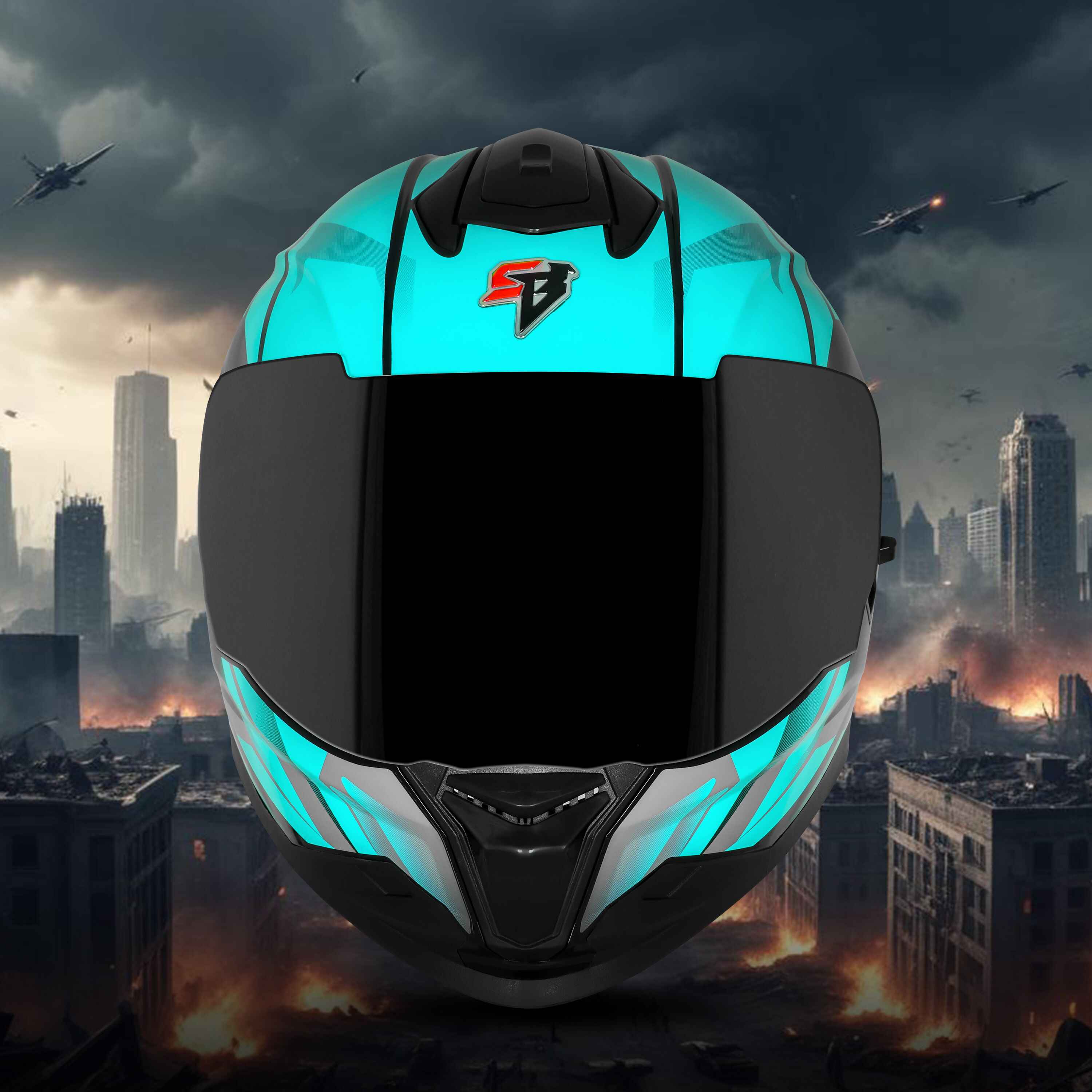 STEELBIRD SBH-57 ISS FIGHTER F4 GLOSSY BLACK/SEA GREEN C/V 600MM WITH EXTRA SMOKE VISOR
