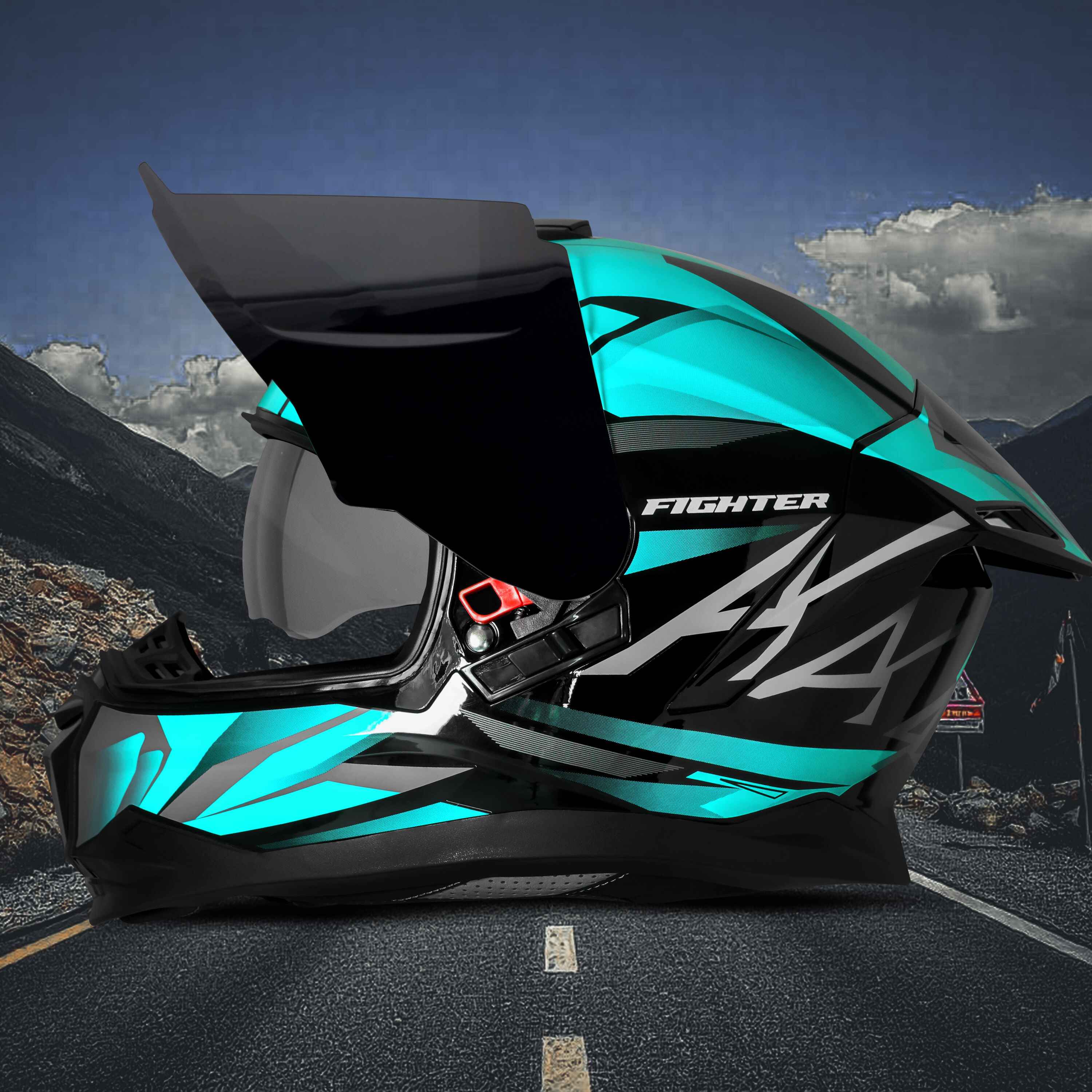 STEELBIRD SBH-57 ISS FIGHTER F4 GLOSSY BLACK/SEA GREEN C/V 600MM WITH EXTRA SMOKE VISOR