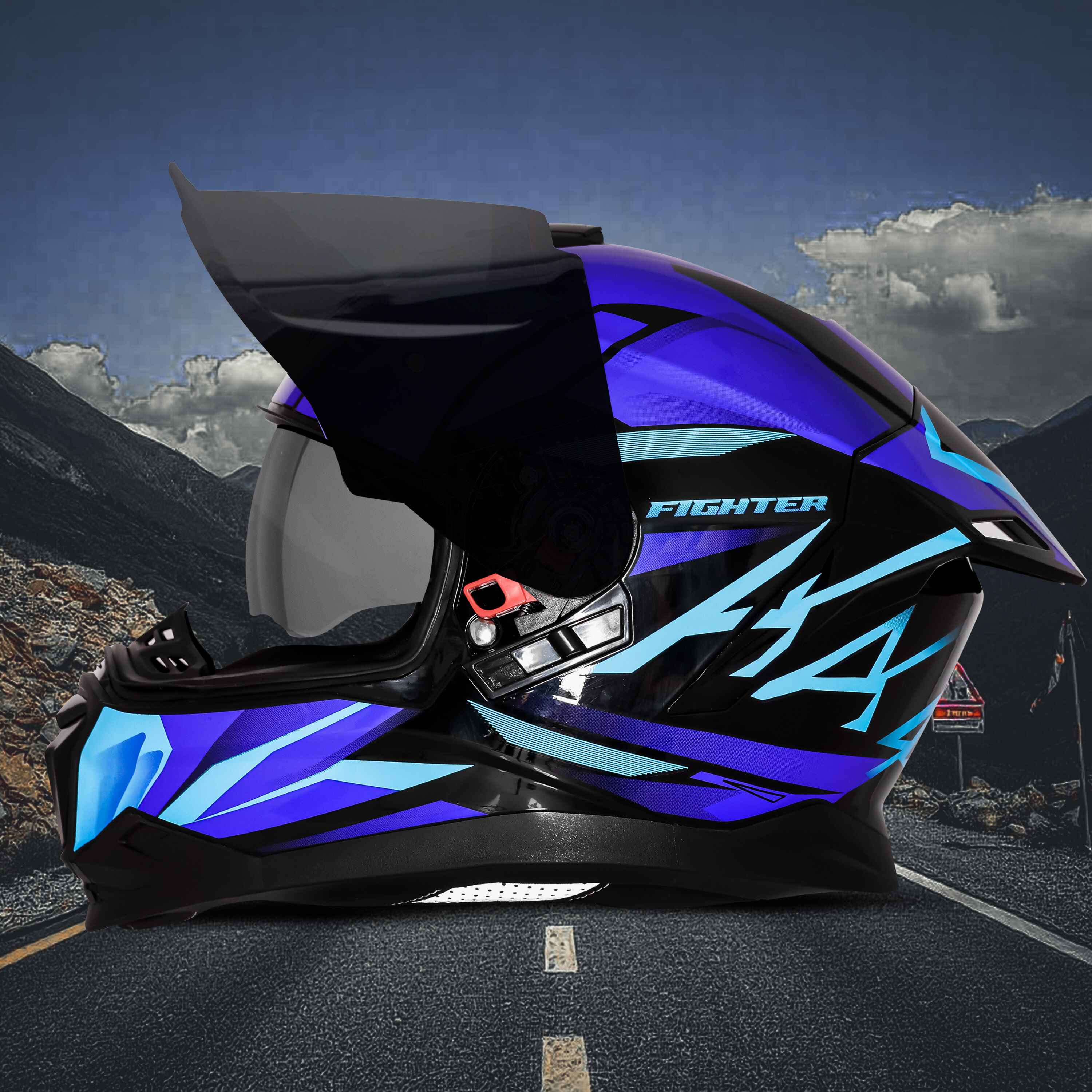 STEELBIRD SBH-57 ISS FIGHTER F4 MATT BLACK/SKY BLUE C/V 600MM WITH EXTRA SMOKE VISOR