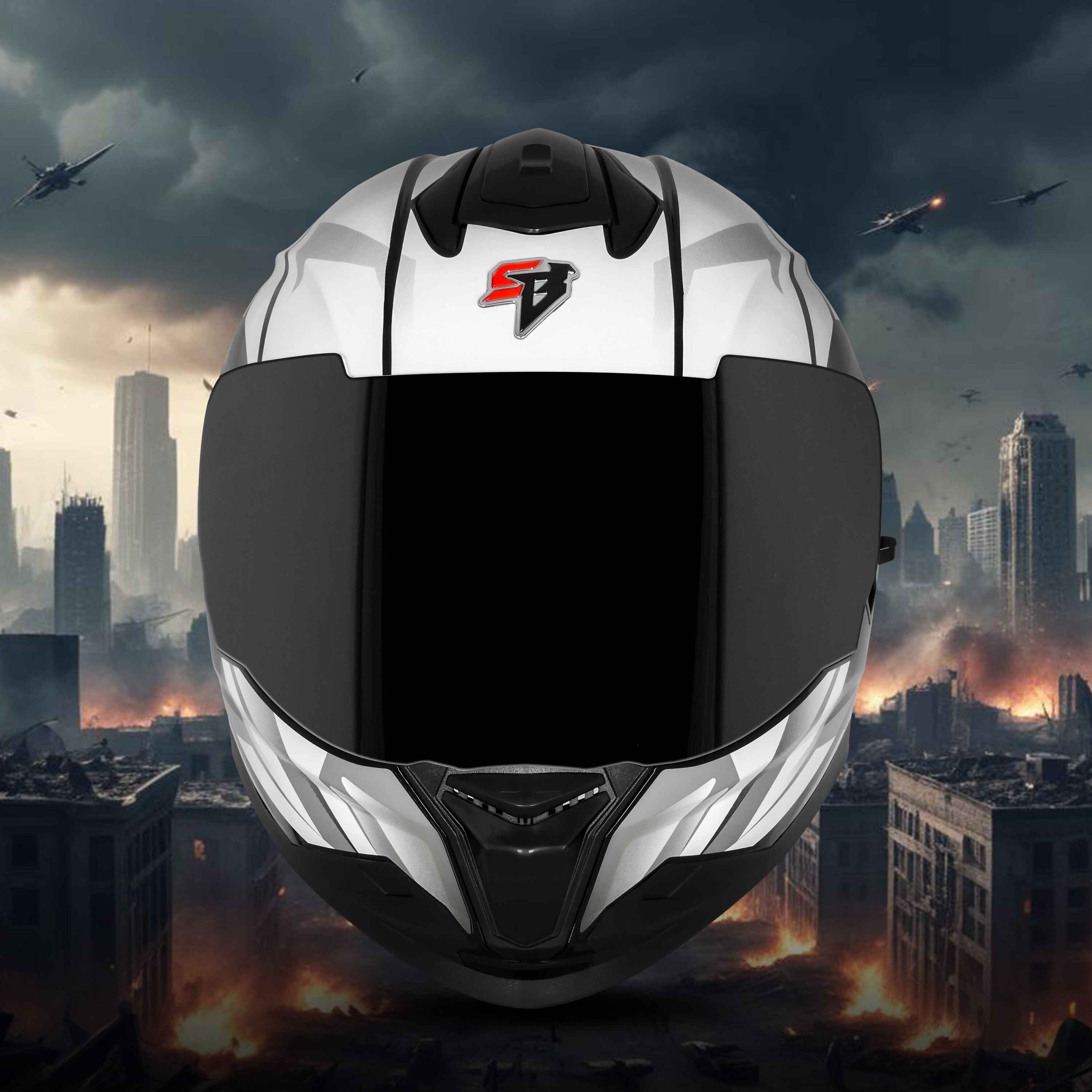 STEELBIRD SBH-57 ISS FIGHTER F4 MATT BLACK/WHITE C/V 580MM WITH EXTRA SMOKE VISOR