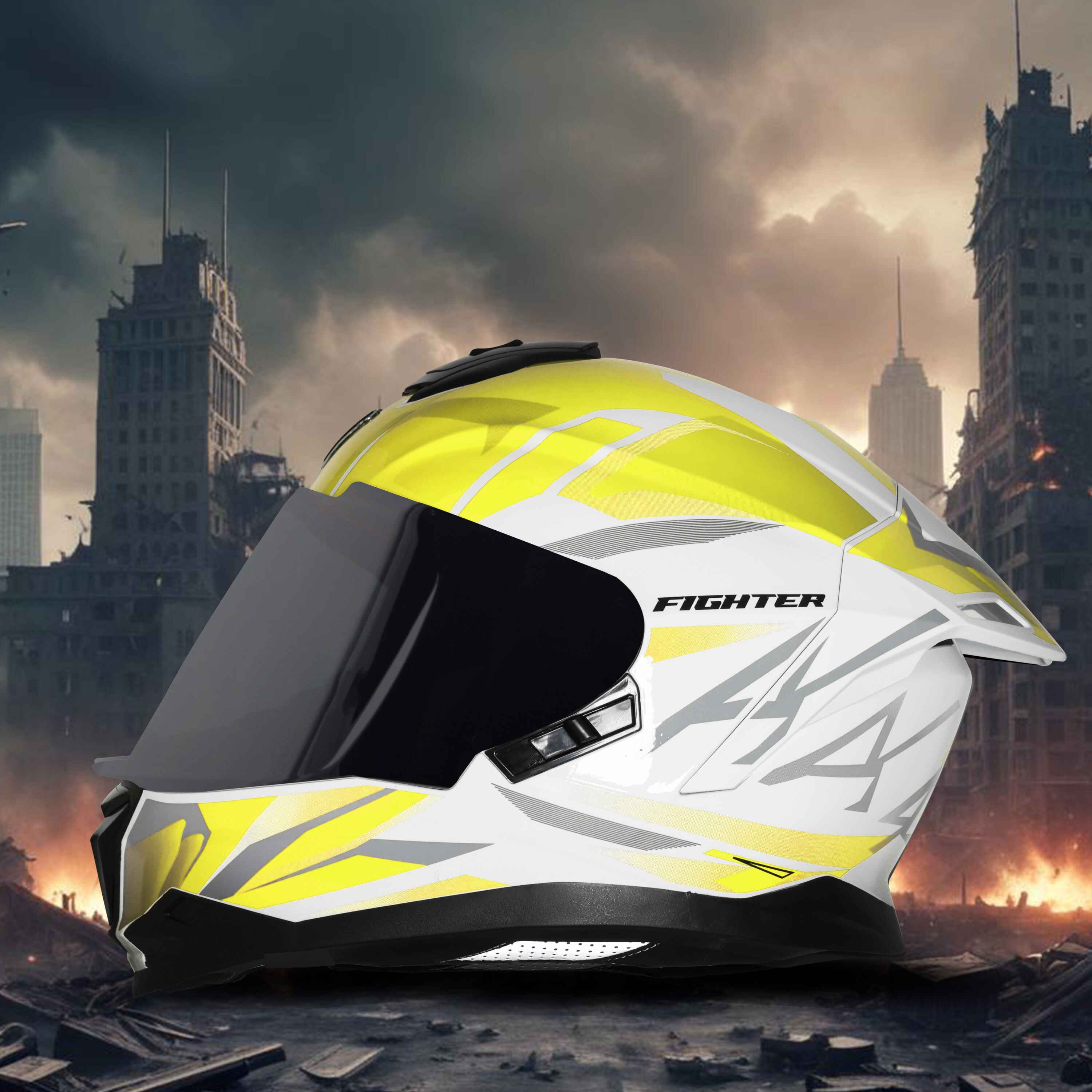 STEELBIRD SBH-57 ISS FIGHTER F4 GLOSSY WHITE/FL.YELLOW C/V 600MM WITH EXTRA SMOKE VISOR