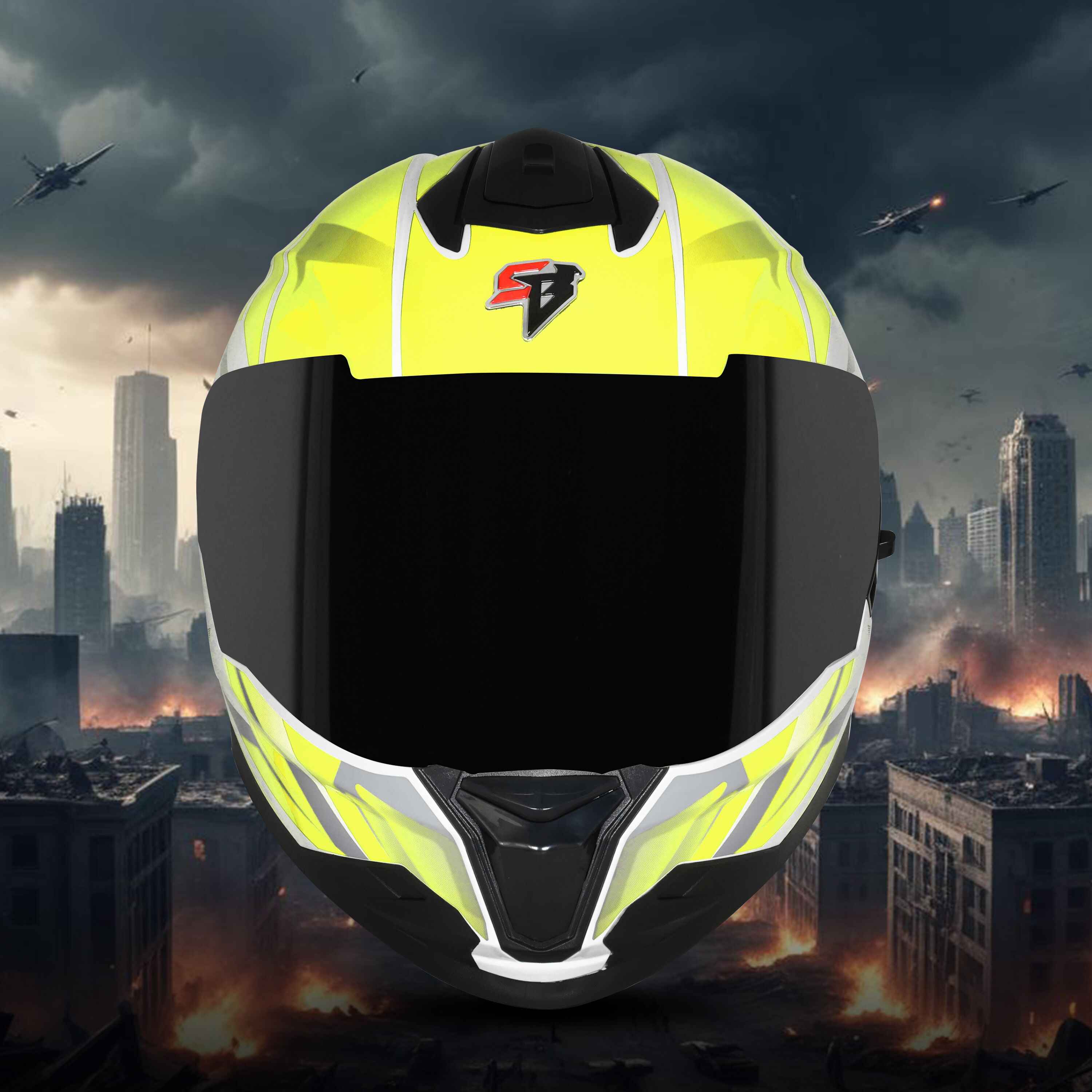 STEELBIRD SBH-57 ISS FIGHTER F4 GLOSSY WHITE/FL.YELLOW C/V 600MM WITH EXTRA SMOKE VISOR