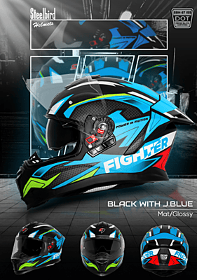 STEELBIRD SBH-57 ISS FIGHTER F7 GLOSSY BLACK/JAZZ BLUE C/V 600MM WITH EXTRA SMOKE VISOR