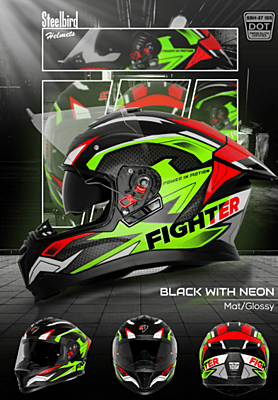 STEELBIRD SBH-57 ISS FIGHTER F7 MATT BLACK/NEON C/V 600MM WITH EXTRA SMOKE VISOR
