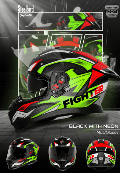 STEELBIRD SBH-57 ISS FIGHTER F7 MATT BLACK/NEON C/V 600MM WITH EXTRA SMOKE VISOR STEELBIRD SBH-57 ISS FIGHTER F7 MATT BLACK/NEON C/V 600MM WITH EXTRA SMOKE VISOR