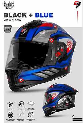 STEELBIRD SBH-57 ISS FIGHTER F8 MATT BLACK/BLUE C/V 580MM WITH EXTRA SMOKE VISOR