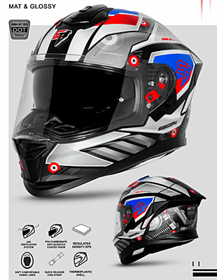 STEELBIRD SBH-57 ISS FIGHTER F8 GLOSSY BLACK/WHITE C/V 600MM WITH EXTRA SMOKE VISOR