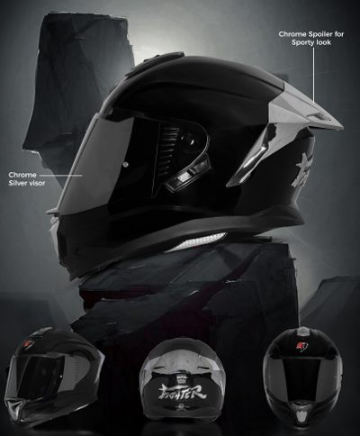 STEELBIRD SBH-57 ISS FIGHTER F9 GLOSSY BLACK C/V 580MM WITH EXTRA SILVER CHROME VISOR